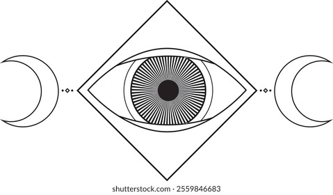 Minimalist all-seeing eye inside a rhombus, flanked by crescent moons, symbolizing esoteric knowledge and celestial balance. Logo, illustration, vector