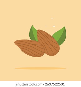 Minimalist Almonds. Flat Illustration of Crispy Almond Snacks with leaves