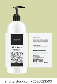 Minimalist Aloe Vera shampoo label design, elegant typography and botanical patterns, organic natural black-white beauty packaging. Eco-friendly cosmetic branding, with modern and editable.