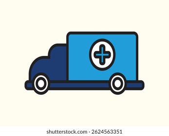 Minimalist ambulance icon designed in flat vector style. The illustration features a clean and modern look with bold lines and simple geometric shapes, making it ideal for healthcare