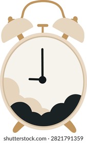 Minimalist analog alarm clock in elegant black, ivory and gold color palette, isolated on transparent background, modern countdown timer icon for reminders.