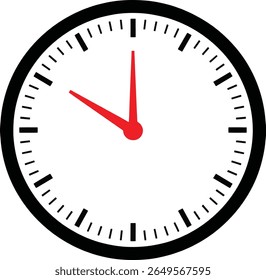 A minimalist analog clock face with a black border, white background, and black hour markers. Red hour and minute hands point to approximately 9:55.