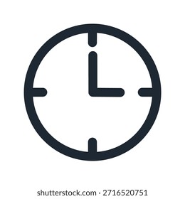 Ícone de vetor de relógio analógico minimalista: uma ilustração em preto e branco que mostra três horas para gerenciamento de tempo, programação, produtividade e design de interface profissional