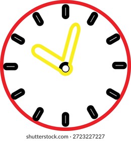 Eine minimalistische analoge Uhr mit gelben Händen, die etwas nach zehn Minuten nach der Stunde angezeigt wird.