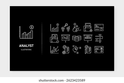 Minimalistisches Analysten-Icon-Set mit klaren und einfachen Linien-Designs. Umfasst Symbole wie Datenanalyse, Grafiken, Berichte, Statistiken, Lupen und Diagramme. Ideal für Unternehmen, Finanzen und