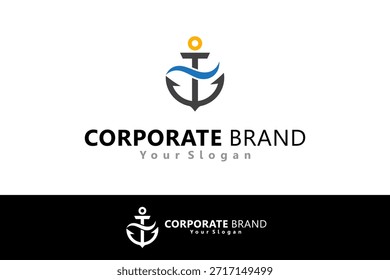 Vector minimalista del icono del logotipo del ancla con el elemento del mar en diseño plano del estilo