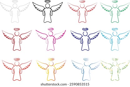 Minimalist angel outlines, colorful geometric shapes, repeating pattern, simple line drawings, celestial figures, spiritual symbols, pastel hues, white background, symmetrical arrangement, stylized wi