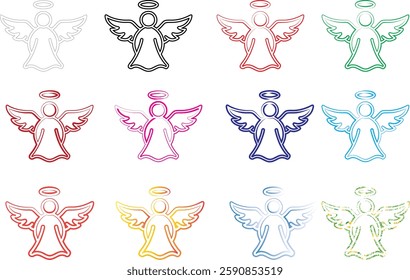 Minimalist angel outlines, colorful geometric shapes, repeating pattern, simple line drawings, celestial figures, spiritual symbols, pastel hues, white background, symmetrical arrangement, stylized wi