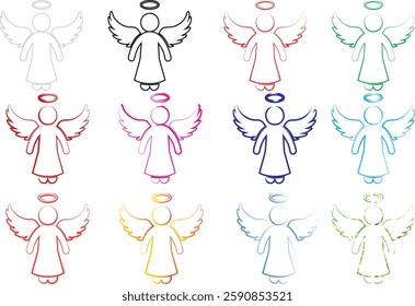 Minimalist angel outlines, colorful geometric shapes, repeating pattern, simple line drawings, celestial figures, spiritual symbols, pastel hues, white background, symmetrical arrangement, stylized wi