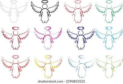 Minimalist angel outlines, colorful geometric shapes, repeating pattern, simple line drawings, celestial figures, spiritual symbols, pastel hues, white background, symmetrical arrangement, stylized wi