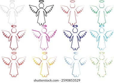 Minimalist angel outlines, colorful geometric shapes, repeating pattern, simple line drawings, celestial figures, spiritual symbols, pastel hues, white background, symmetrical arrangement, stylized wi