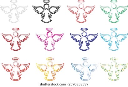 Minimalist angel outlines, colorful geometric shapes, repeating pattern, simple line drawings, celestial figures, spiritual symbols, pastel hues, white background, symmetrical arrangement, stylized wi