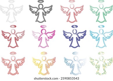 Minimalist angel outlines, colorful geometric shapes, repeating pattern, simple line drawings, celestial figures, spiritual symbols, pastel hues, white background, symmetrical arrangement, stylized wi