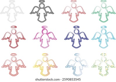 Minimalist angel outlines, colorful geometric shapes, repeating pattern, simple line drawings, celestial figures, spiritual symbols, pastel hues, white background, symmetrical arrangement, stylized wi