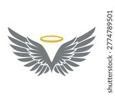 Minimalist angel wings icon featuring a soft grey plumage and a vibrant golden halo. This spiritual symbol represents divinity, freedom, peace, and heavenly grace.