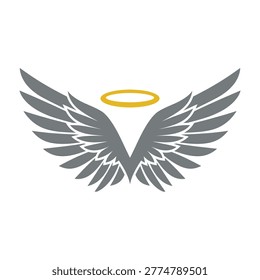 Minimalist angel wings icon featuring a soft grey plumage and a vibrant golden halo. This spiritual symbol represents divinity, freedom, peace, and heavenly grace.