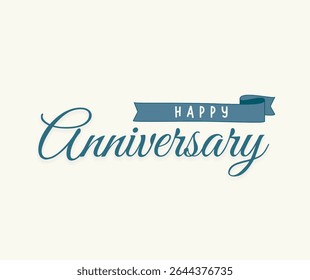Minimalist anniversary card with elegant script text and a blue ribbon reading "Happy" on a light background.