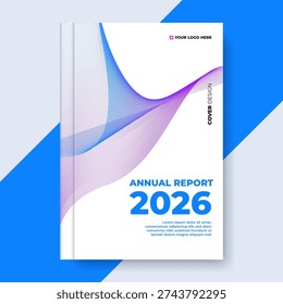 Minimalist Annual Report Cover with Dynamic Blue and Purple Gradient Wave Line Art