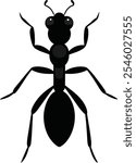 A minimalist ant silhouette vector illustration, highlighting the insect's distinct features such as its segmented body, antennae, and six legs. The design uses clean, bold lines 