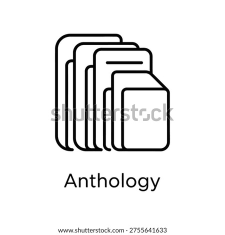 A minimalist anthology icon featuring stacked documents in a simple black line art style on a white background.