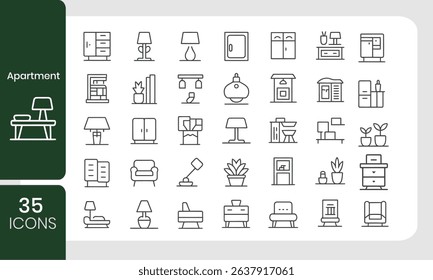 Minimalist apartment interior design icon set featuring furniture and decorative items for various needs