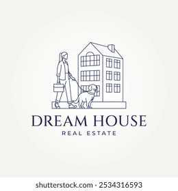 minimalista apartamento imobiliário empresa linha arte ícone logotipo vetor ilustração design. simples mulher moderna andando com seu cachorro na frente de um sonho apartamento logotipo conceito