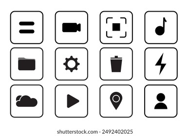 Iconos App minimalistas. Blanco y negro. Conjunto de símbolos de interfaz. colección gráfica de Vector.