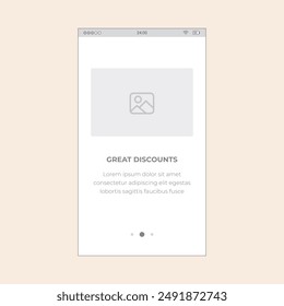 Minimalist app slider screen with image, text and scroll dots. Vector mobile wireframe editable design for mobile, with sample data and real user interface graphic details ready for ux ui projects.