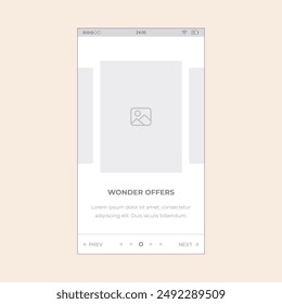 Minimalist app slider screen with multimages, text and scroll dots. Vector mobile wireframe editable design for mobile, with sample data, real user interface graphic details ready for ux ui projects