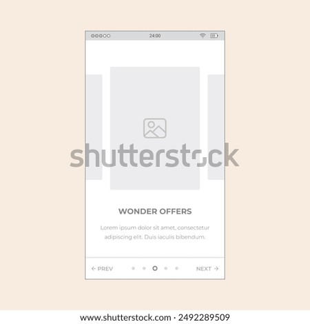 Minimalist app slider screen with multimages, text and scroll dots. Vector mobile wireframe editable design for mobile, with sample data, real user interface graphic details ready for ux ui projects
