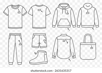  Minimalist Apparel Mockup Set  Line Art Fashion Outline Bundle for T-Shirts, Hoodies, and Accessories