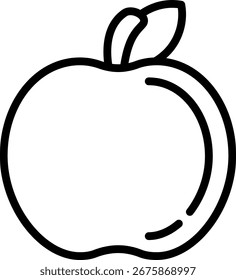 Desenho de maçã minimalista com folha em contorno preto, perfeito para conceitos de saúde e nutrição.