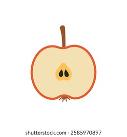 Minimalist apple half vector illustration with seeds. Simple flat design of sliced apple half with visible seeds and stem, isolated on a white background