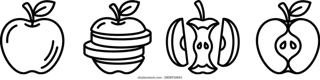 Minimalist Apple Icon Set, Whole Sliced Red Green Apple Line Art Vector Outlines
