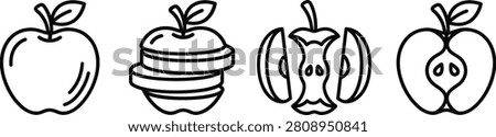 Minimalist Apple Icon Set, Whole Sliced Red Green Apple Line Art Vector Outlines