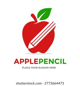 Logotipo minimalista del lápiz de la manzana con las líneas de la punta del lápiz dentro de un icono rojo de la manzana para el arte y el diseño.