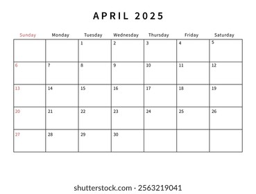 Minimalist April 2025 calendar design vector illustration. Perfect for planners, organizers, or scheduling purposes.