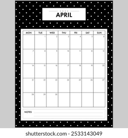 Minimalist April 2025 Calendar Month. Elegant Black and White Dotted Background month by month planner with writing space for organization. Part of a monthly year set.