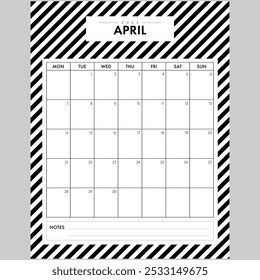 Minimalist April 2025 Calendar Month. Elegant Black and White Stripped Background month by month planner with writing space for organization. Part of a monthly year set.