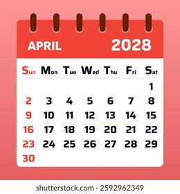 Minimalist April 2028 calendar with a fresh and modern design. Useful for holiday planning, managing to-do lists, and structuring daily schedules