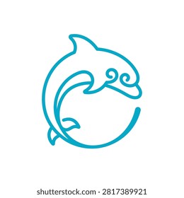 Minimalist aquatic mammal symbol using fluid blue wave lines.