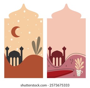 A minimalist Arabian night scene featuring a crescent moon, desert hills, and stylish architecture, perfect for cultural designs or decor.