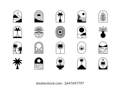 Minimalist Arch Icons Featuring Nature and Abstract Elements vector