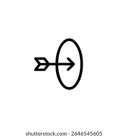 Minimalist archery icon showing an arrow horizontally piercing the center of a target. A simple black and white line art vector.