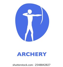 Minimalist archery illustration featuring a stylized figure drawing a bow. Ideal for sports-related designs, archery events posters, or activity brochures, symbolizing focus and precision.