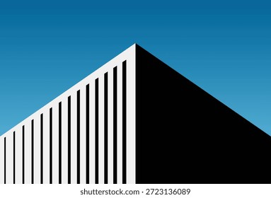 Rincón arquitectónico minimalista con fuerte sombra y cielo azul