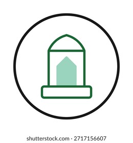 En esta Imagen se presenta un diseño arquitectónico minimalista. La estructura verde está encerrada dentro de un círculo negro, mostrando una representación contemporánea y simétrica adecuada para diversas