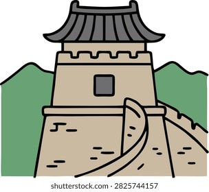 Minimalist architectural doodle vector icon of an ancient Chinese Great Wall watchtower featuring a small fortified structure, traditional tiled roof, stone wall, and simplified mountain silhouette in the background. Bold uniform black outlines with flat gray, beige, green, and brown colors create a clean historical aesthetic. Isolated on a transparent background with no gradients or realistic textures, suitable for Chinese history, architecture, travel, tourism, cultural heritage, education, landmarks, and graphic design.