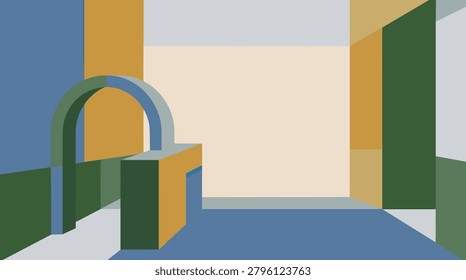 A minimalist architectural element featuring a curved arch and geometric shapes in a soothing blend of blue, green, and ochre.