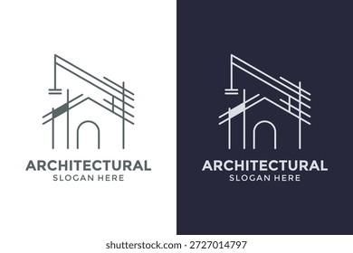 Logotipo arquitectónico minimalista de la casa con el arte de la línea de la grúa de la construcción, edificio casero profesional e icono de la ingeniería civil, marca simple del desarrollo residencial urbano para el contratista y el arquitecto
